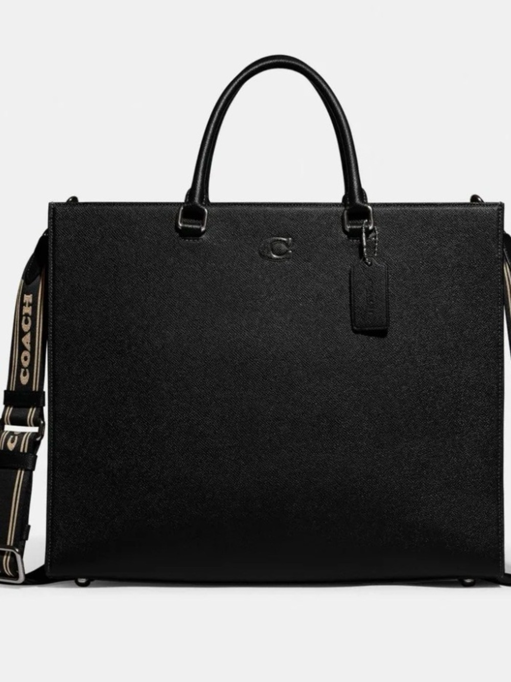 Coach Black Leather Structured Brief Tote with Branded Strap
